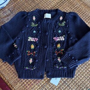 Doen Girls Navy Blue Forget Me Not Cardigan Sweater with Floral Embroidery 8